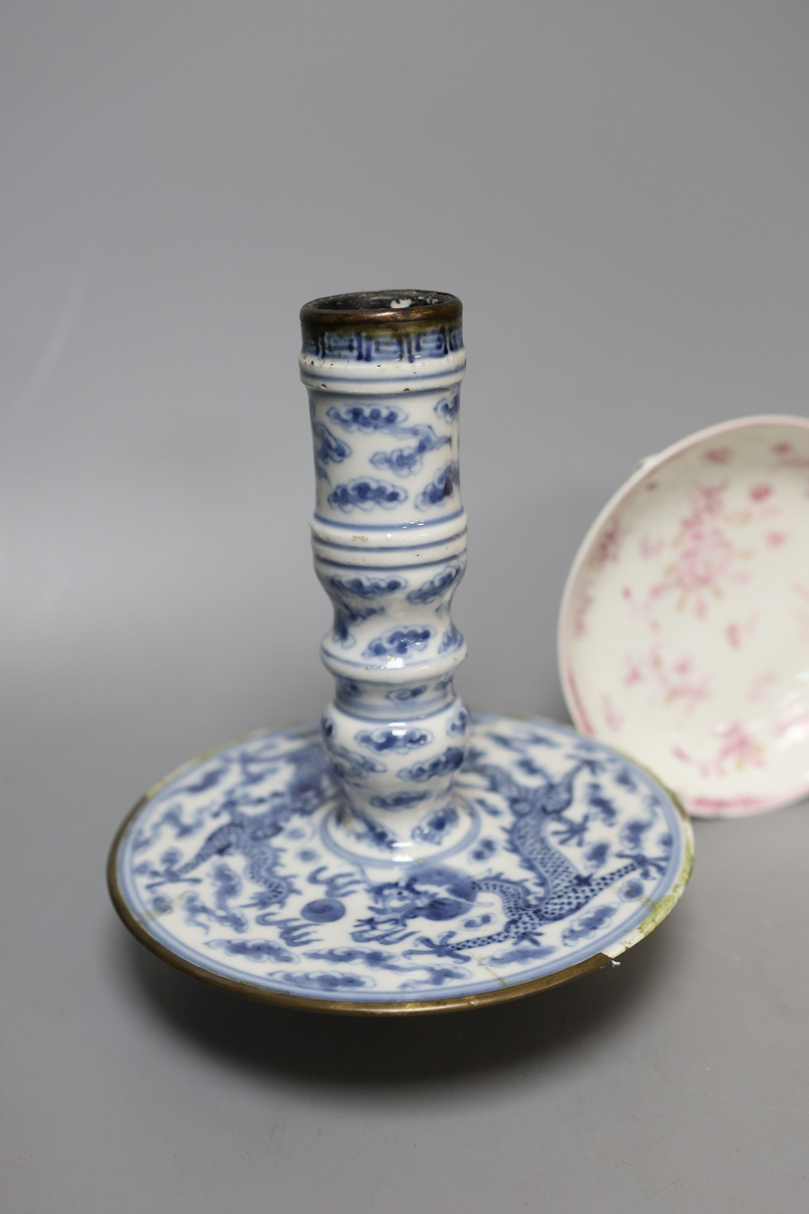 Three Chinese ceramics, including a yellow bowl with inscription to base, 7cm tall, blue and white dragon pattern candlestick mount and export dish